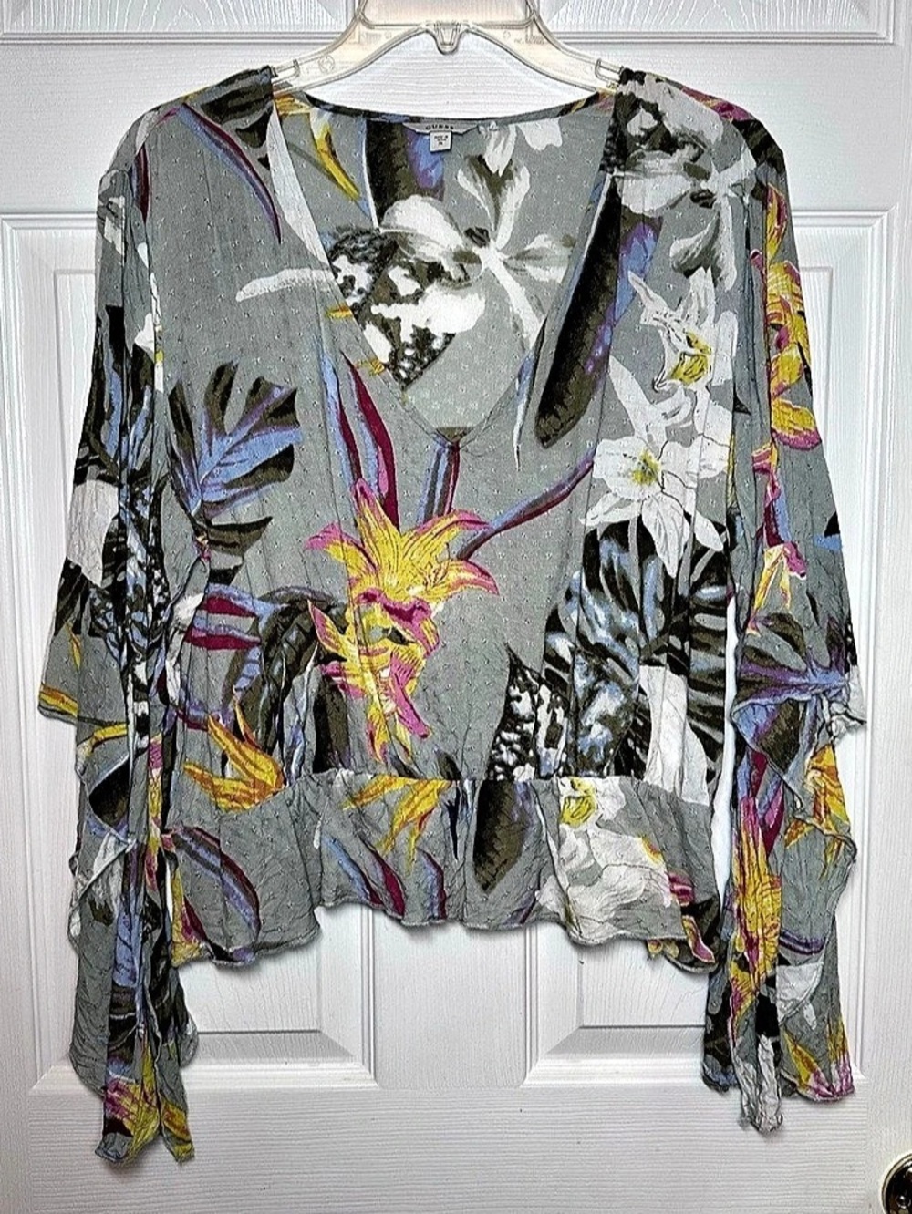 Guess Tropical Floral V-Neck Peplum Top Sage XL Vacation Resortwear Festival